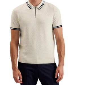 Ted Baker London Beige Mahani Navy accent zippered short sleeve polo. size 6/xxl